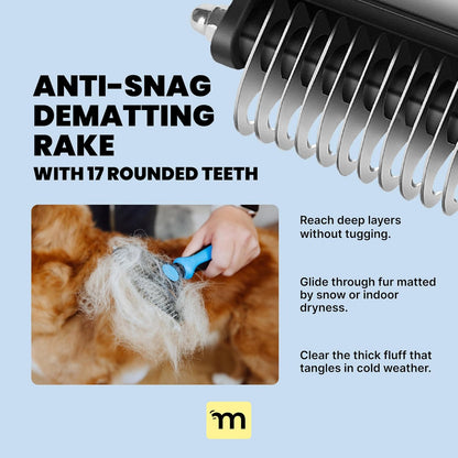 Professional Dog Grooming Brush for Shedding - Large 2-in-1 Deshedding Tool and Undercoat Rake with Dematting Comb for Medium to Large Double-Coated Breeds - Blue