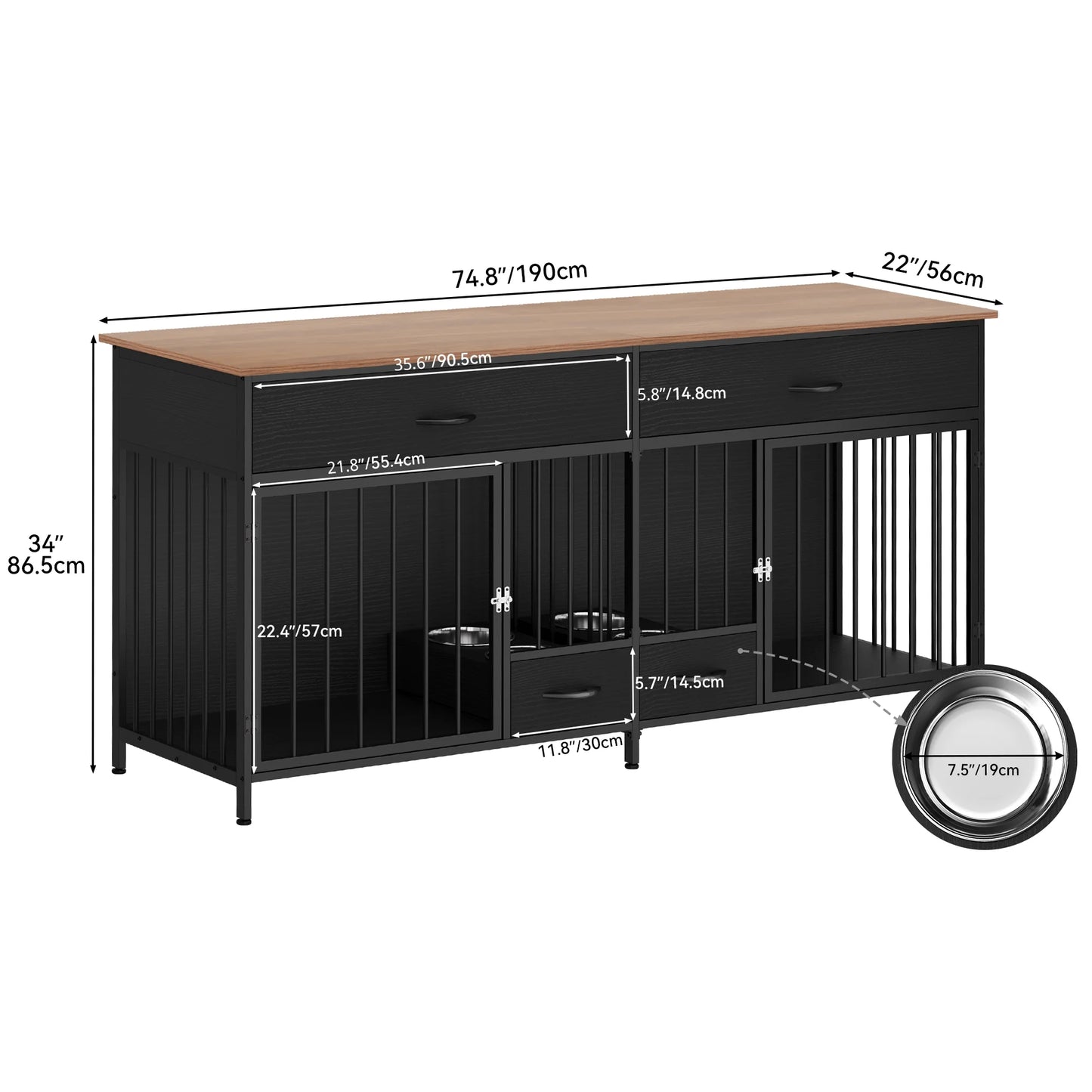 Large Breed Indoor Dog Crate Furniture with Storage and Dog Feeder, Double Dog Kennel TV Stand, 74.8-Inch Wooden Decorative Kennel for Two Dogs, Black
