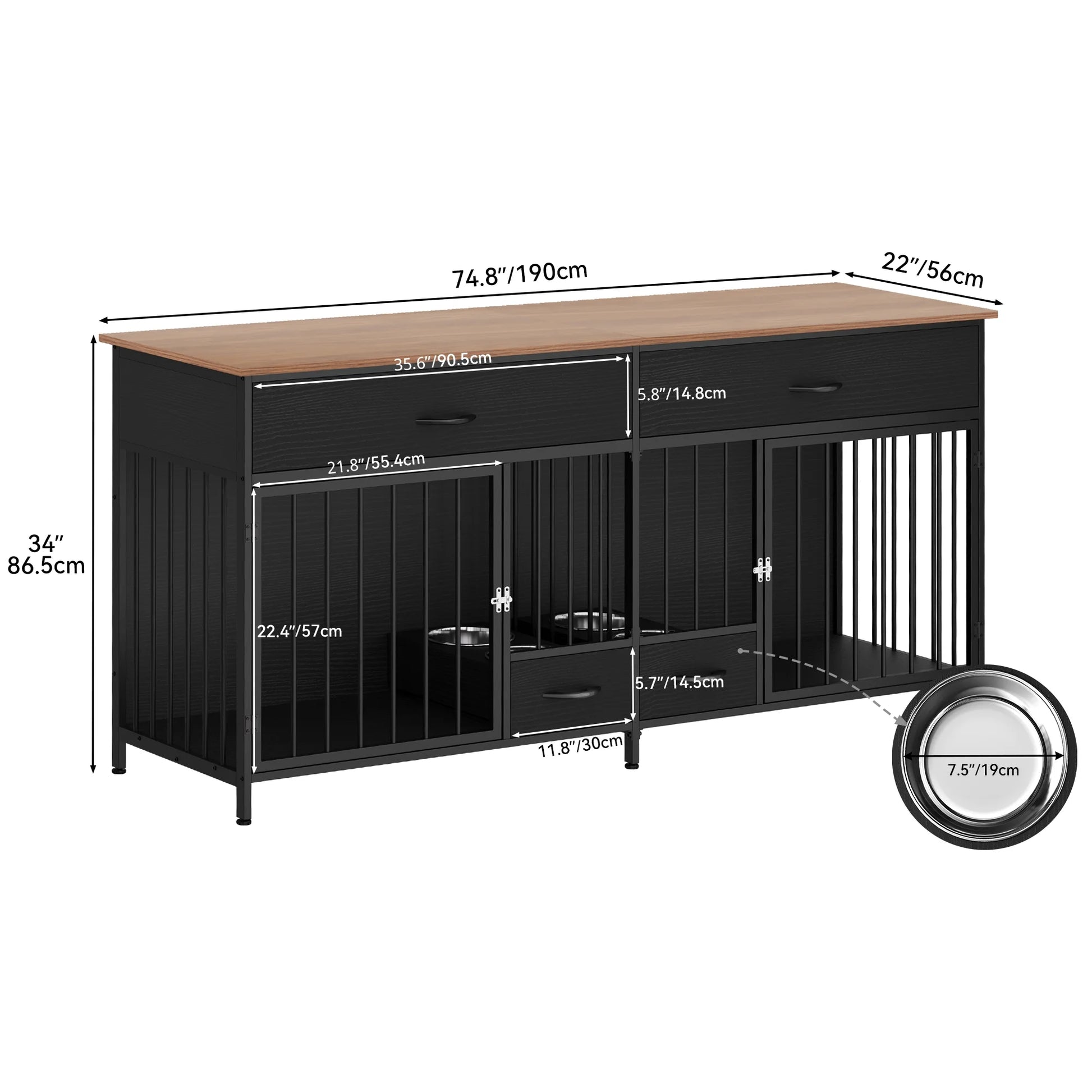 Large Breed Indoor Dog Crate Furniture with Storage and Dog Feeder, Double Dog Kennel TV Stand, 74.8-Inch Wooden Decorative Kennel for Two Dogs, Black