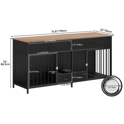 Large Breed Indoor Dog Crate Furniture with Storage and Dog Feeder, Double Dog Kennel TV Stand, 74.8-Inch Wooden Decorative Kennel for Two Dogs, Black