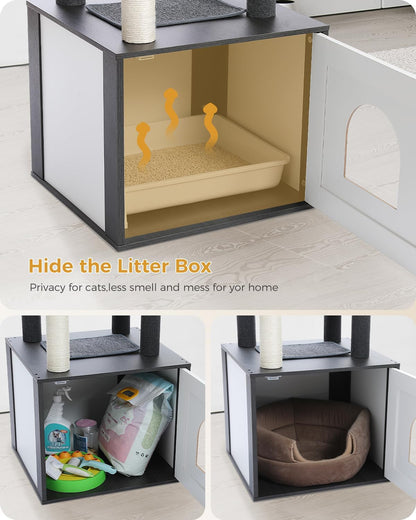 56.7" Large Cat Tree with Litter Box Enclosure, Wooden Cat Tower for Indoor Use Featuring Storage Cabinet, Cozy Condo, Sisal-Covered Scratching Post, and Replaceable Dangling Balls in Black