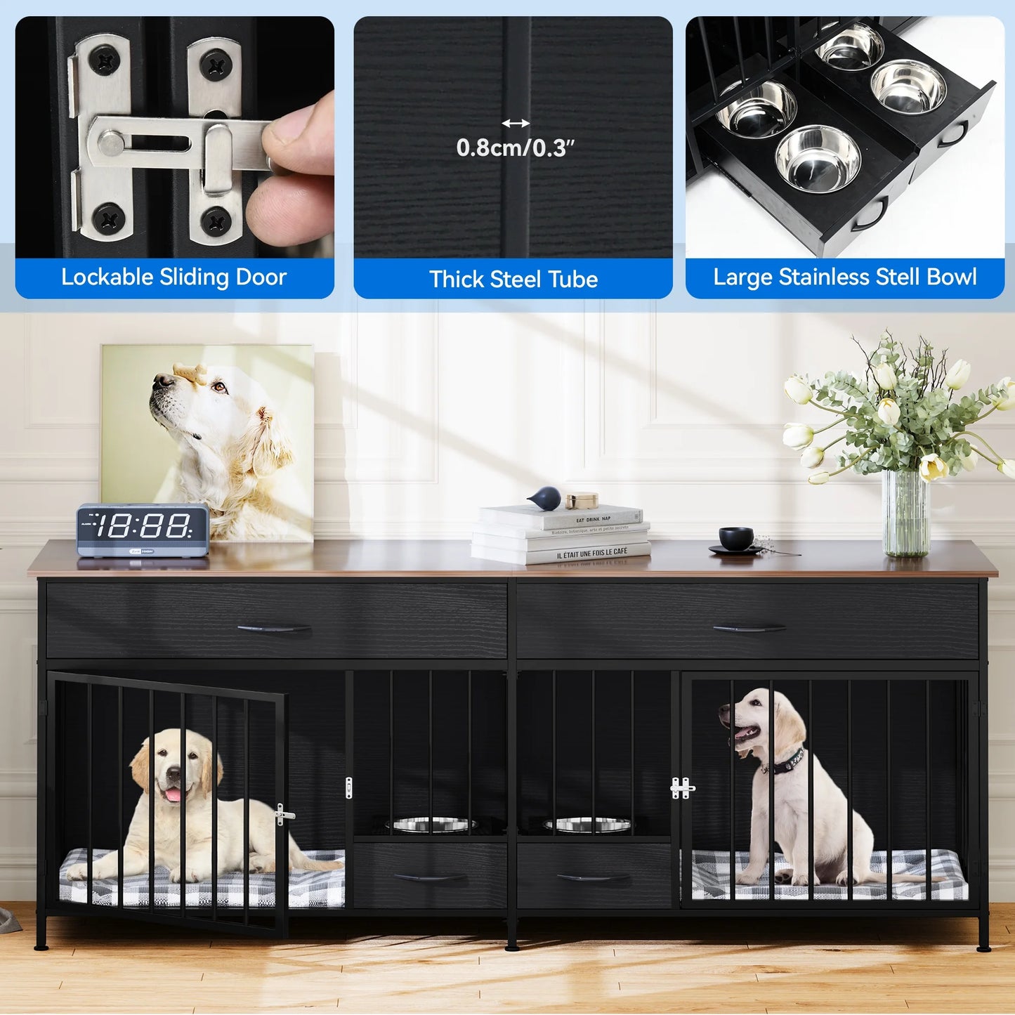 Large Breed Indoor Dog Crate Furniture with Storage and Dog Feeder, Double Dog Kennel TV Stand, 74.8-Inch Wooden Decorative Kennel for Two Dogs, Black