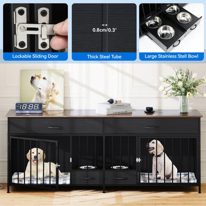 Large Breed Indoor Dog Crate Furniture with Storage and Dog Feeder, Double Dog Kennel TV Stand, 74.8-Inch Wooden Decorative Kennel for Two Dogs, Black