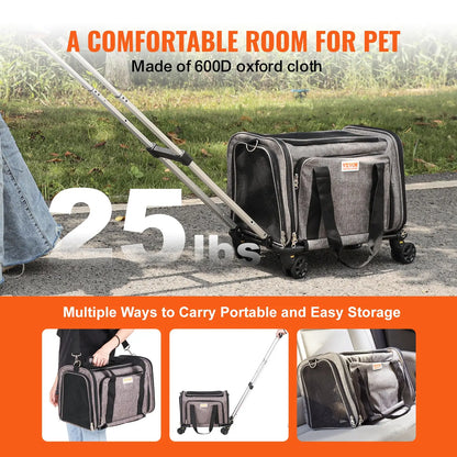 VEVOR Cat Carrier with Wheels, Tiktokshopblackfriday, Airline Approved Rolling Pet Carrier with Telescopic Handle and Shoulder Strap, Dog Carrier with Wheels for Pets, with 1 Folding Bowl