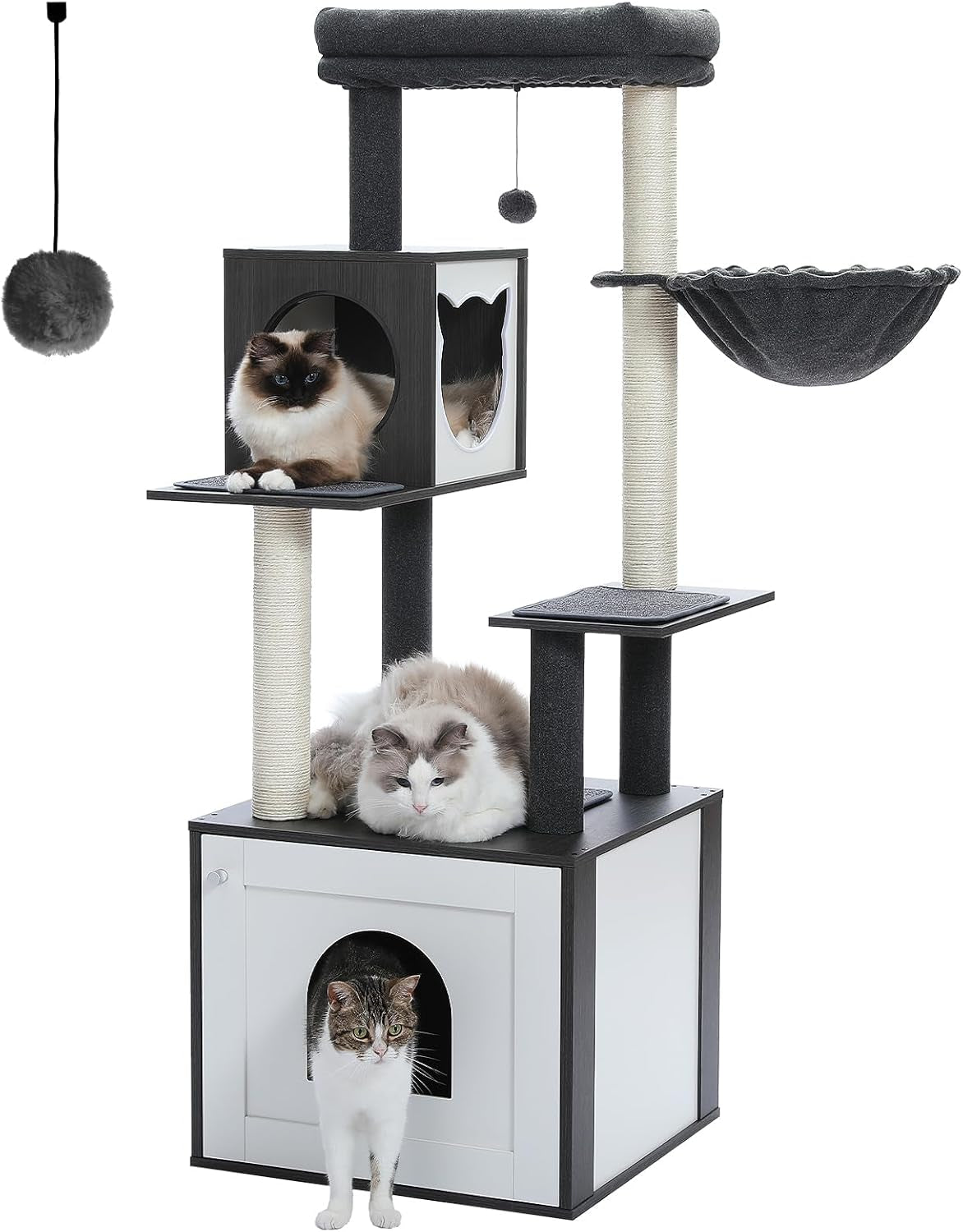 56.7" Large Cat Tree with Litter Box Enclosure, Wooden Cat Tower for Indoor Use Featuring Storage Cabinet, Cozy Condo, Sisal-Covered Scratching Post, and Replaceable Dangling Balls in Black