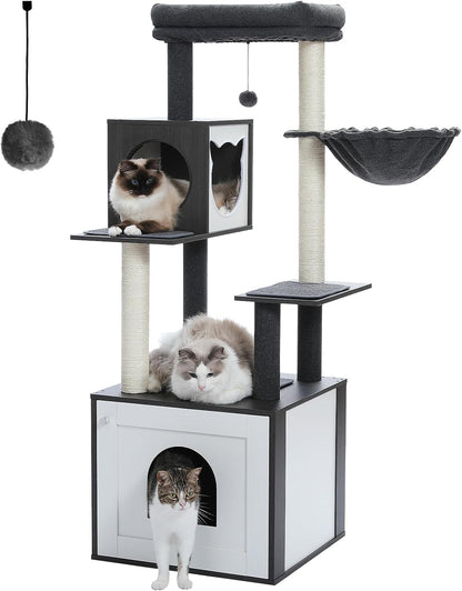 56.7" Large Cat Tree with Litter Box Enclosure, Wooden Cat Tower for Indoor Use Featuring Storage Cabinet, Cozy Condo, Sisal-Covered Scratching Post, and Replaceable Dangling Balls in Black