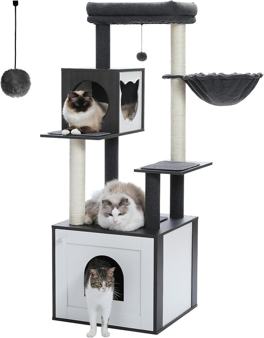 56.7" Large Cat Tree with Litter Box Enclosure, Wooden Cat Tower for Indoor Use Featuring Storage Cabinet, Cozy Condo, Sisal-Covered Scratching Post, and Replaceable Dangling Balls in Black