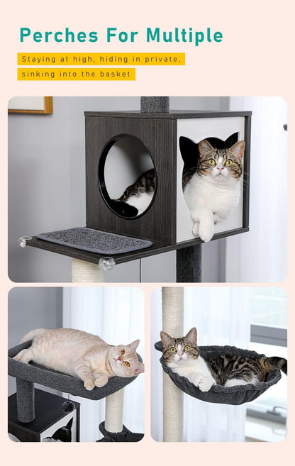 56.7" Large Cat Tree with Litter Box Enclosure, Wooden Cat Tower for Indoor Use Featuring Storage Cabinet, Cozy Condo, Sisal-Covered Scratching Post, and Replaceable Dangling Balls in Black