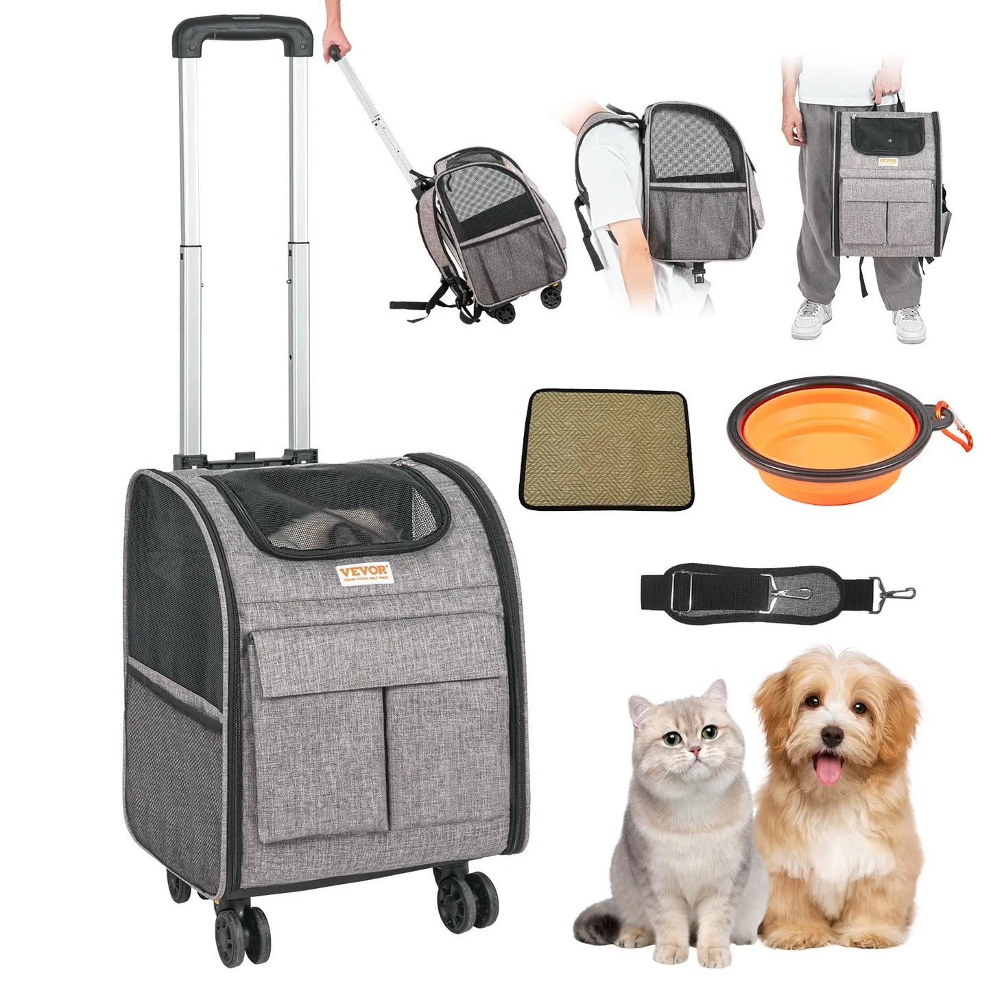 VEVOR Cat Carrier with Wheels, Tiktokshopblackfriday, Airline Approved Rolling Pet Carrier with Telescopic Handle and Shoulder Strap, Dog Carrier with Wheels for Pets, with 1 Folding Bowl
