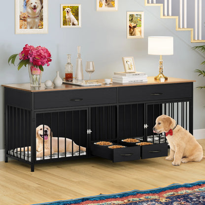 Large Breed Indoor Dog Crate Furniture with Storage and Dog Feeder, Double Dog Kennel TV Stand, 74.8-Inch Wooden Decorative Kennel for Two Dogs, Black
