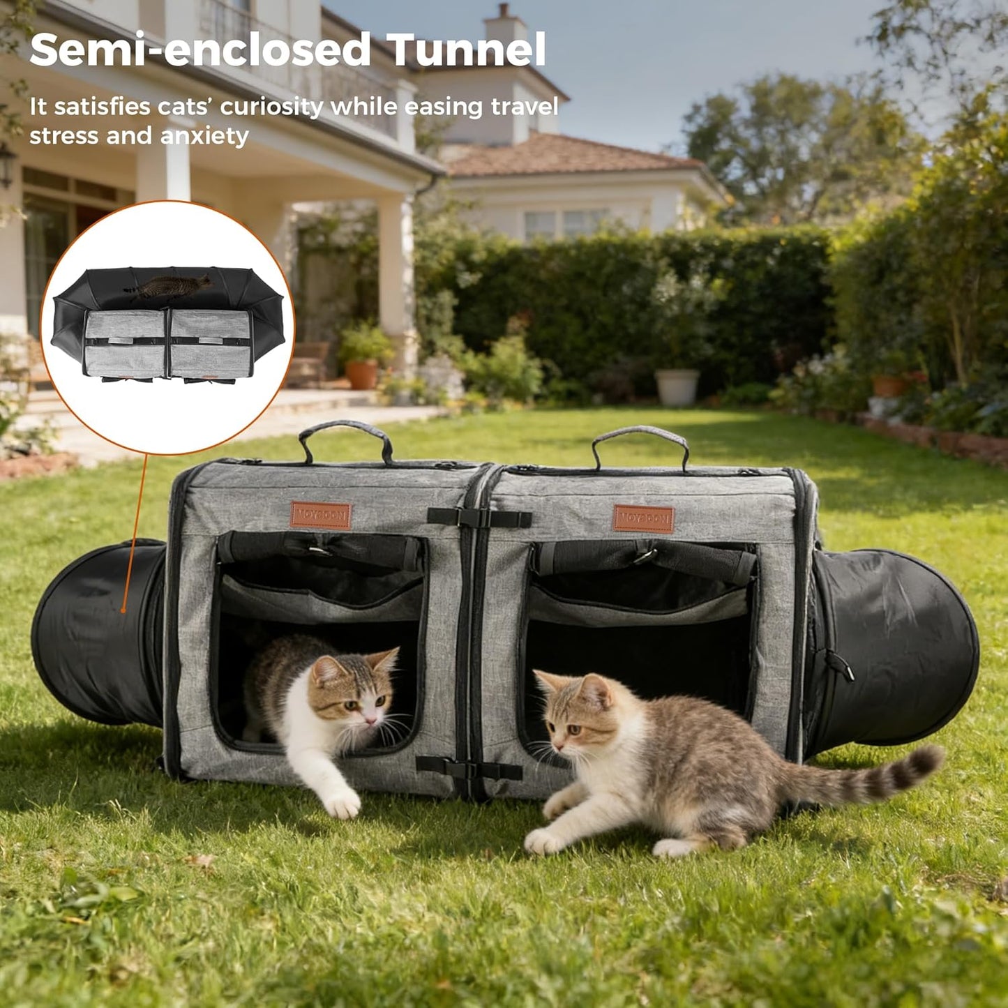 2-In-1 Double Cat Carrier with Play Tunnels - Portable, Breathable, Soft Cat Travel Carrier with Litter Box and Hammock for 2 Cats, Ideal for Long Car Trips and Vet Visit (32"X13"X17", Grey)