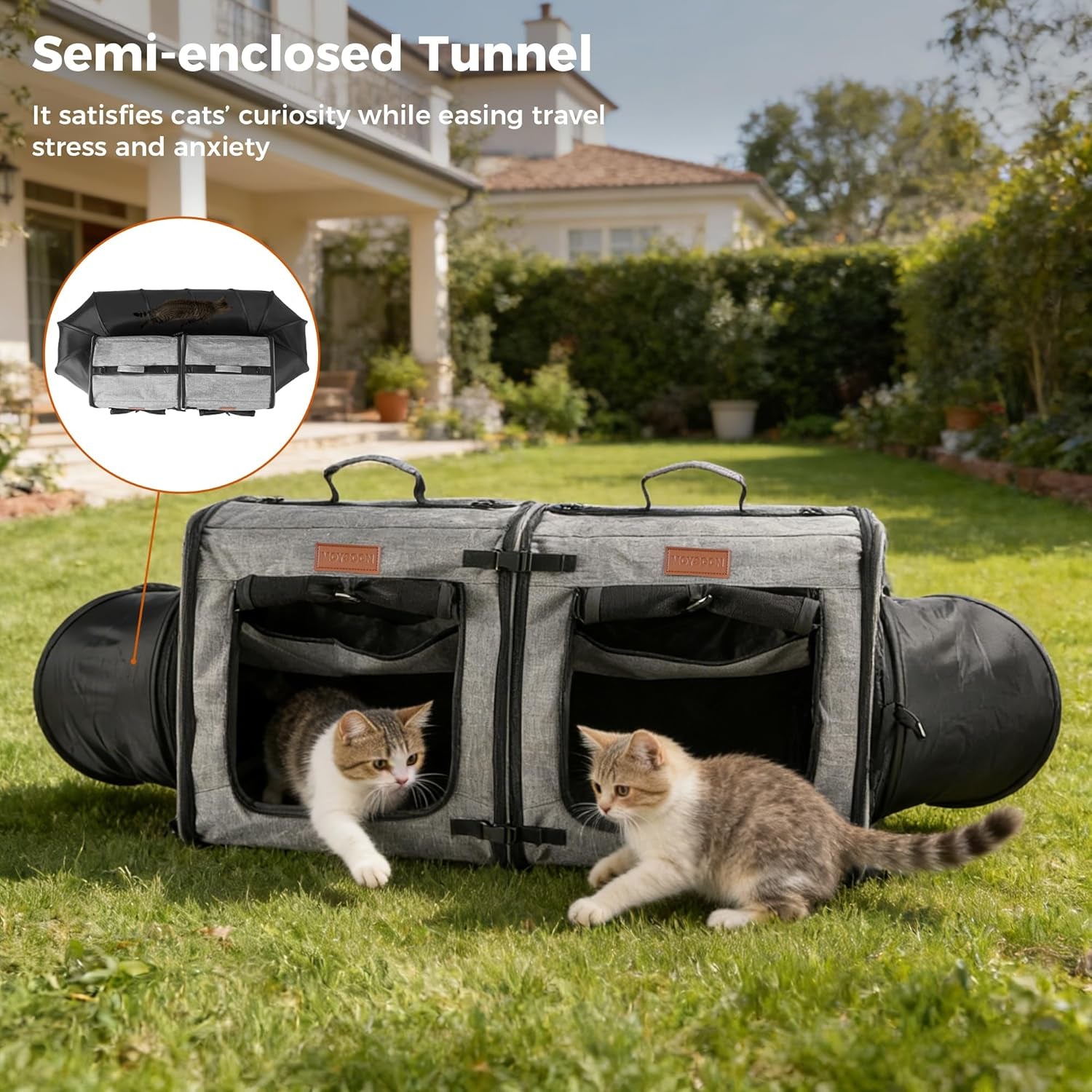 2-In-1 Double Cat Carrier with Play Tunnels - Portable, Breathable, Soft Cat Travel Carrier with Litter Box and Hammock for 2 Cats, Ideal for Long Car Trips and Vet Visit (32"X13"X17", Grey)