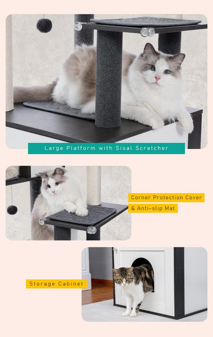 56.7" Large Cat Tree with Litter Box Enclosure, Wooden Cat Tower for Indoor Use Featuring Storage Cabinet, Cozy Condo, Sisal-Covered Scratching Post, and Replaceable Dangling Balls in Black