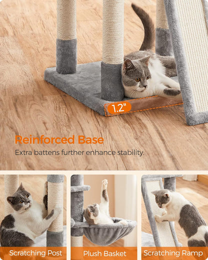 Cat Tree, Large Cat Tower, Cat Condo with Scratching Posts, Board, 2 Caves, 3 Plush Perches, Activity Center, 66.5 Inches, Light Gray UPCT019W01