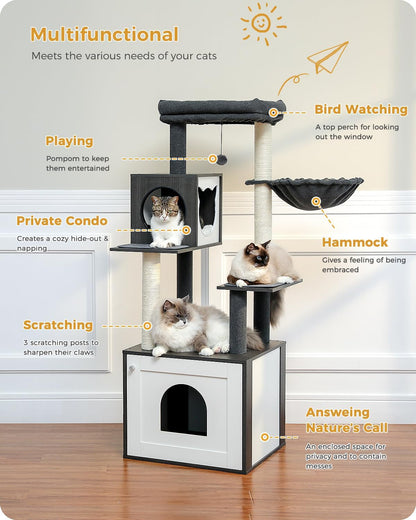 56.7" Large Cat Tree with Litter Box Enclosure, Wooden Cat Tower for Indoor Use Featuring Storage Cabinet, Cozy Condo, Sisal-Covered Scratching Post, and Replaceable Dangling Balls in Black