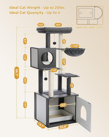 56.7" Large Cat Tree with Litter Box Enclosure, Wooden Cat Tower for Indoor Use Featuring Storage Cabinet, Cozy Condo, Sisal-Covered Scratching Post, and Replaceable Dangling Balls in Black