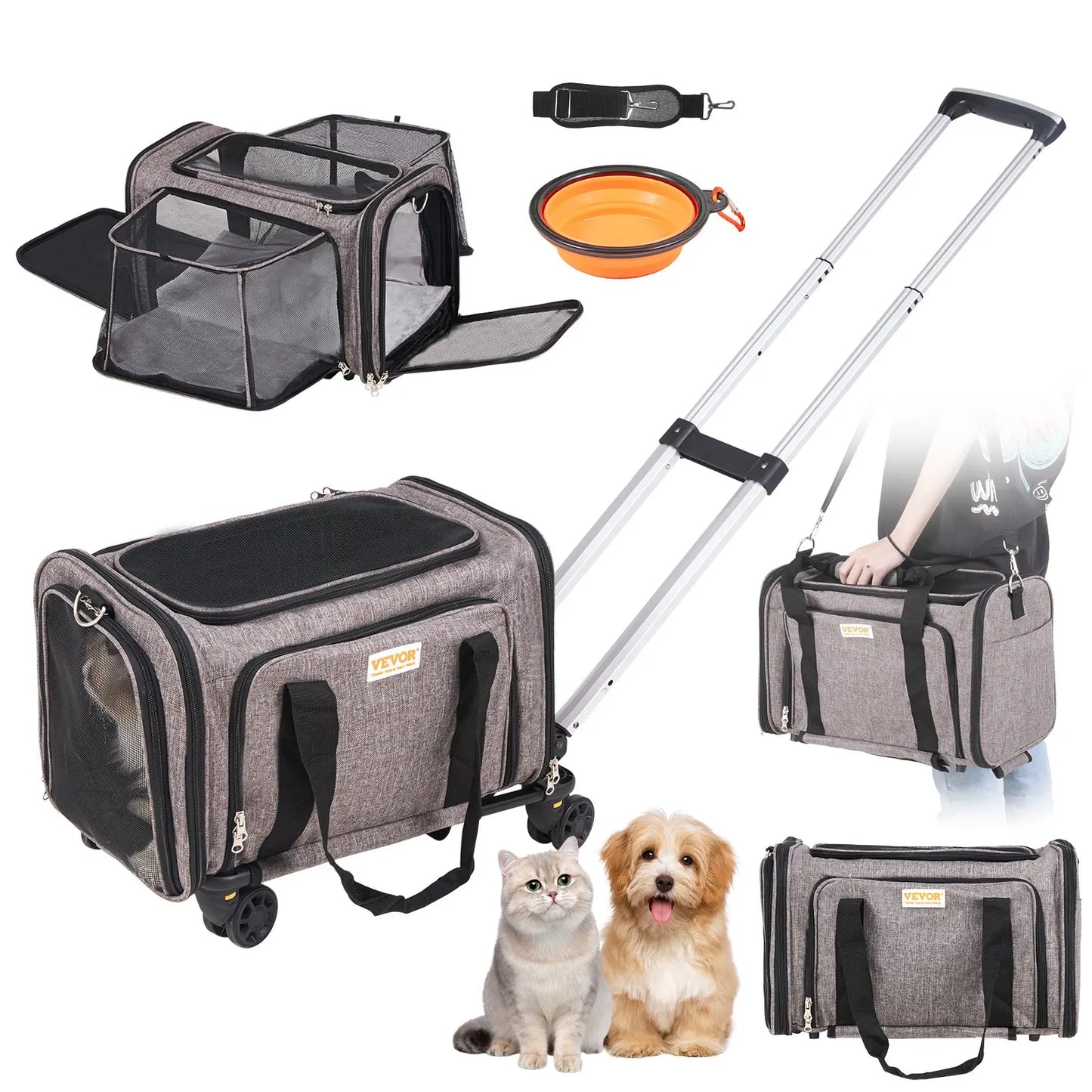 VEVOR Cat Carrier with Wheels, Tiktokshopblackfriday, Airline Approved Rolling Pet Carrier with Telescopic Handle and Shoulder Strap, Dog Carrier with Wheels for Pets, with 1 Folding Bowl