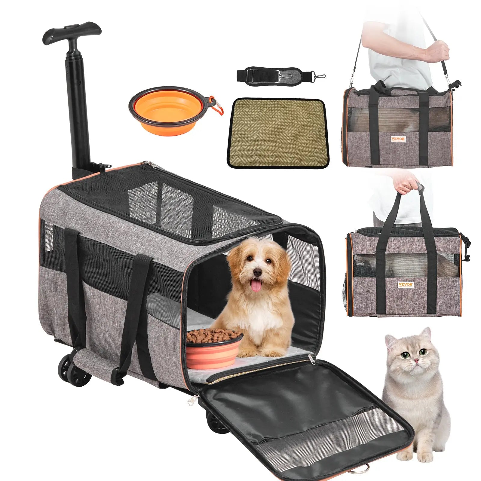 VEVOR Cat Carrier with Wheels, Tiktokshopblackfriday, Airline Approved Rolling Pet Carrier with Telescopic Handle and Shoulder Strap, Dog Carrier with Wheels for Pets, with 1 Folding Bowl
