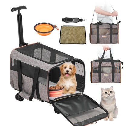 VEVOR Cat Carrier with Wheels, Tiktokshopblackfriday, Airline Approved Rolling Pet Carrier with Telescopic Handle and Shoulder Strap, Dog Carrier with Wheels for Pets, with 1 Folding Bowl