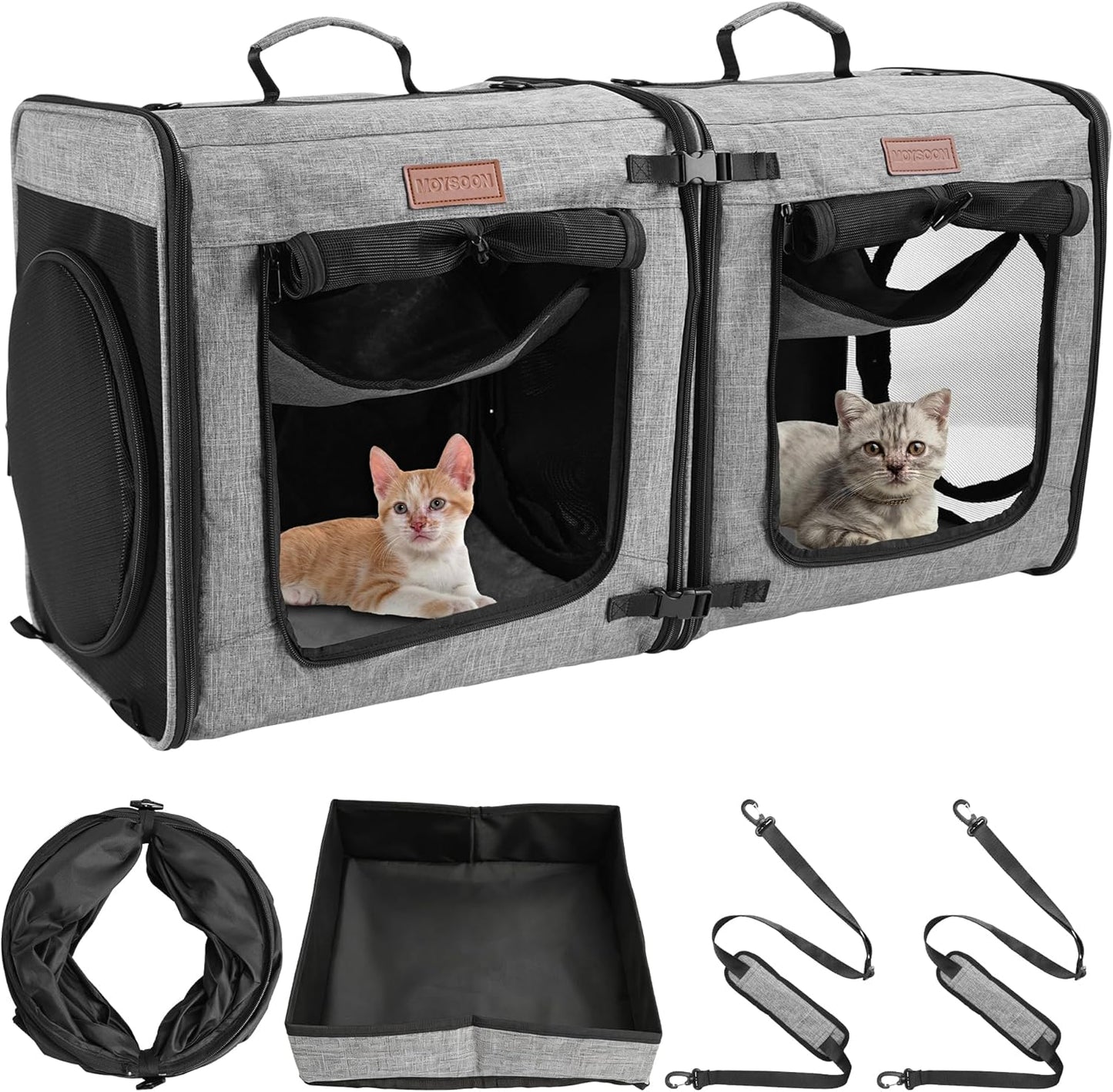 2-In-1 Double Cat Carrier with Play Tunnels - Portable, Breathable, Soft Cat Travel Carrier with Litter Box and Hammock for 2 Cats, Ideal for Long Car Trips and Vet Visit (32"X13"X17", Grey)