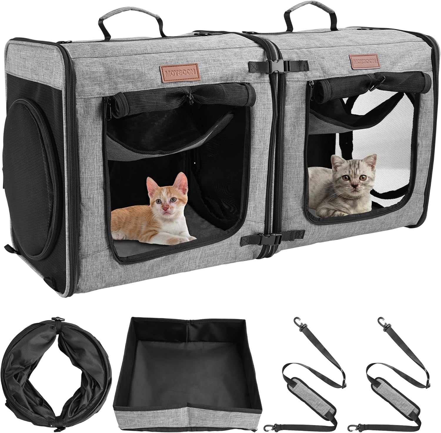2-In-1 Double Cat Carrier with Play Tunnels - Portable, Breathable, Soft Cat Travel Carrier with Litter Box and Hammock for 2 Cats, Ideal for Long Car Trips and Vet Visit (32"X13"X17", Grey)