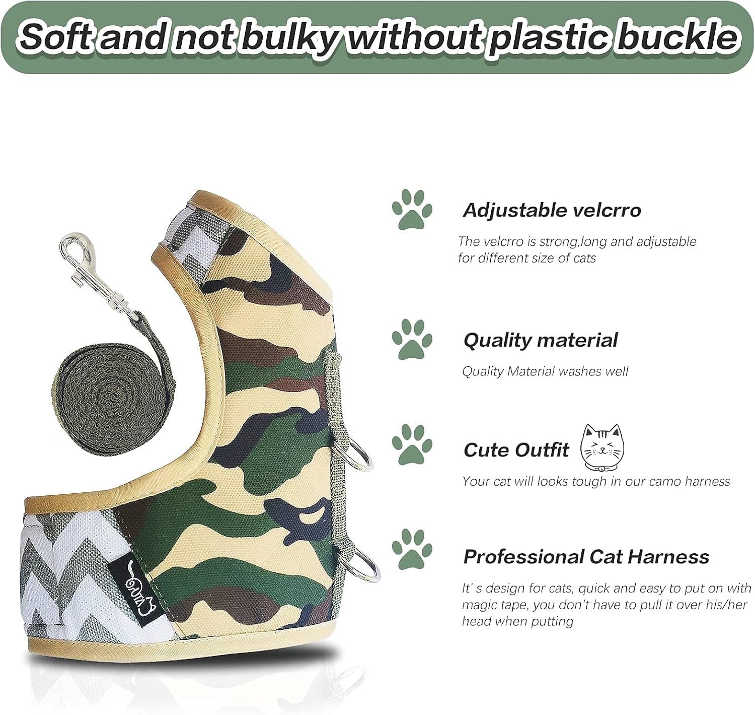 Cat Harness and Leash Set for Walking Escape Proof, Adjustable Cat Vest Harness, Padded Stylish Cat Walking Jackets, Camo Green, X-Small