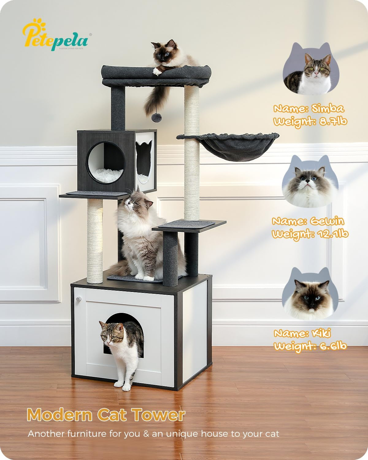 56.7" Large Cat Tree with Litter Box Enclosure, Wooden Cat Tower for Indoor Use Featuring Storage Cabinet, Cozy Condo, Sisal-Covered Scratching Post, and Replaceable Dangling Balls in Black