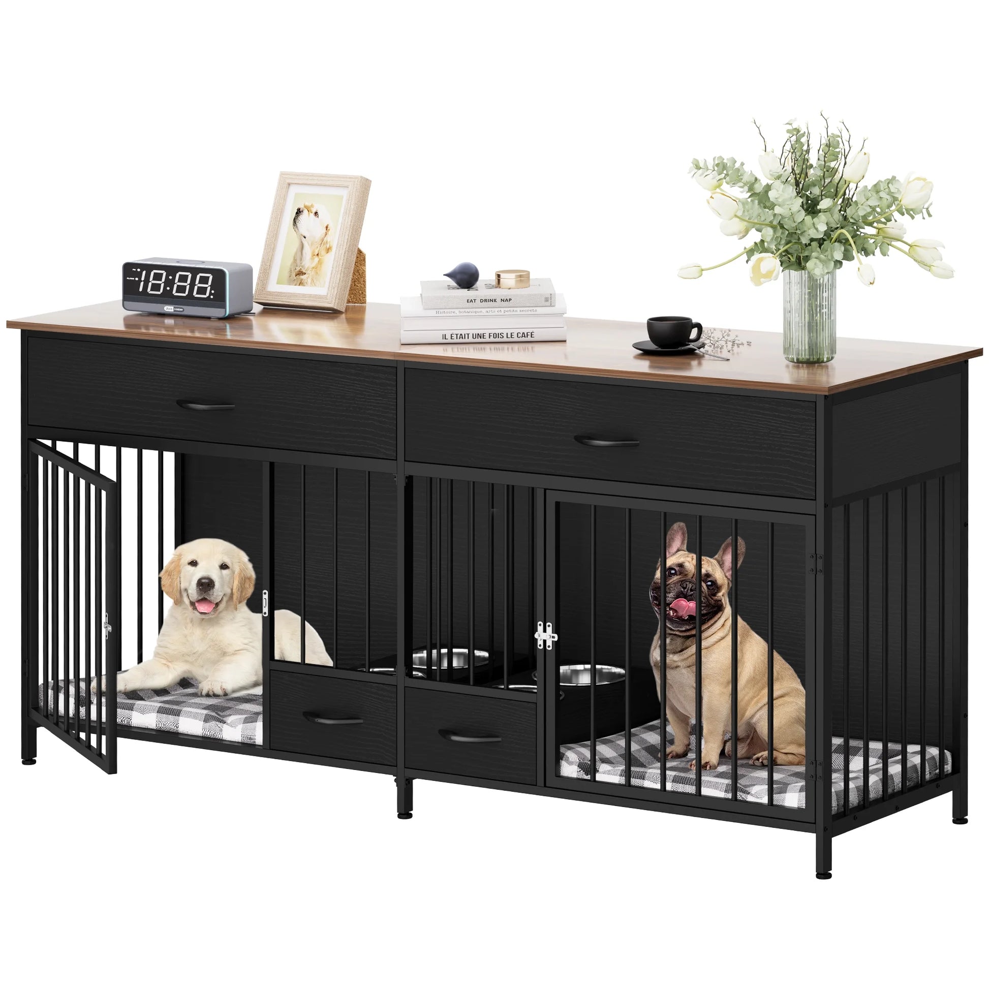 Large Breed Indoor Dog Crate Furniture with Storage and Dog Feeder, Double Dog Kennel TV Stand, 74.8-Inch Wooden Decorative Kennel for Two Dogs, Black