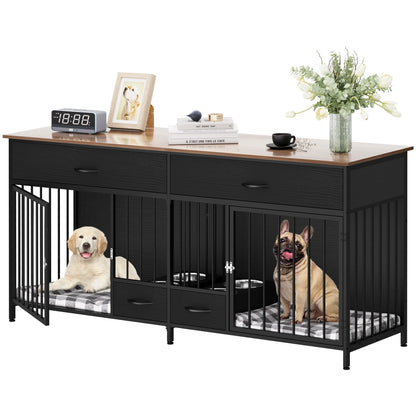 Large Breed Indoor Dog Crate Furniture with Storage and Dog Feeder, Double Dog Kennel TV Stand, 74.8-Inch Wooden Decorative Kennel for Two Dogs, Black