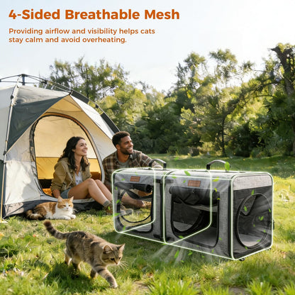 2-In-1 Double Cat Carrier with Play Tunnels - Portable, Breathable, Soft Cat Travel Carrier with Litter Box and Hammock for 2 Cats, Ideal for Long Car Trips and Vet Visit (32"X13"X17", Grey)