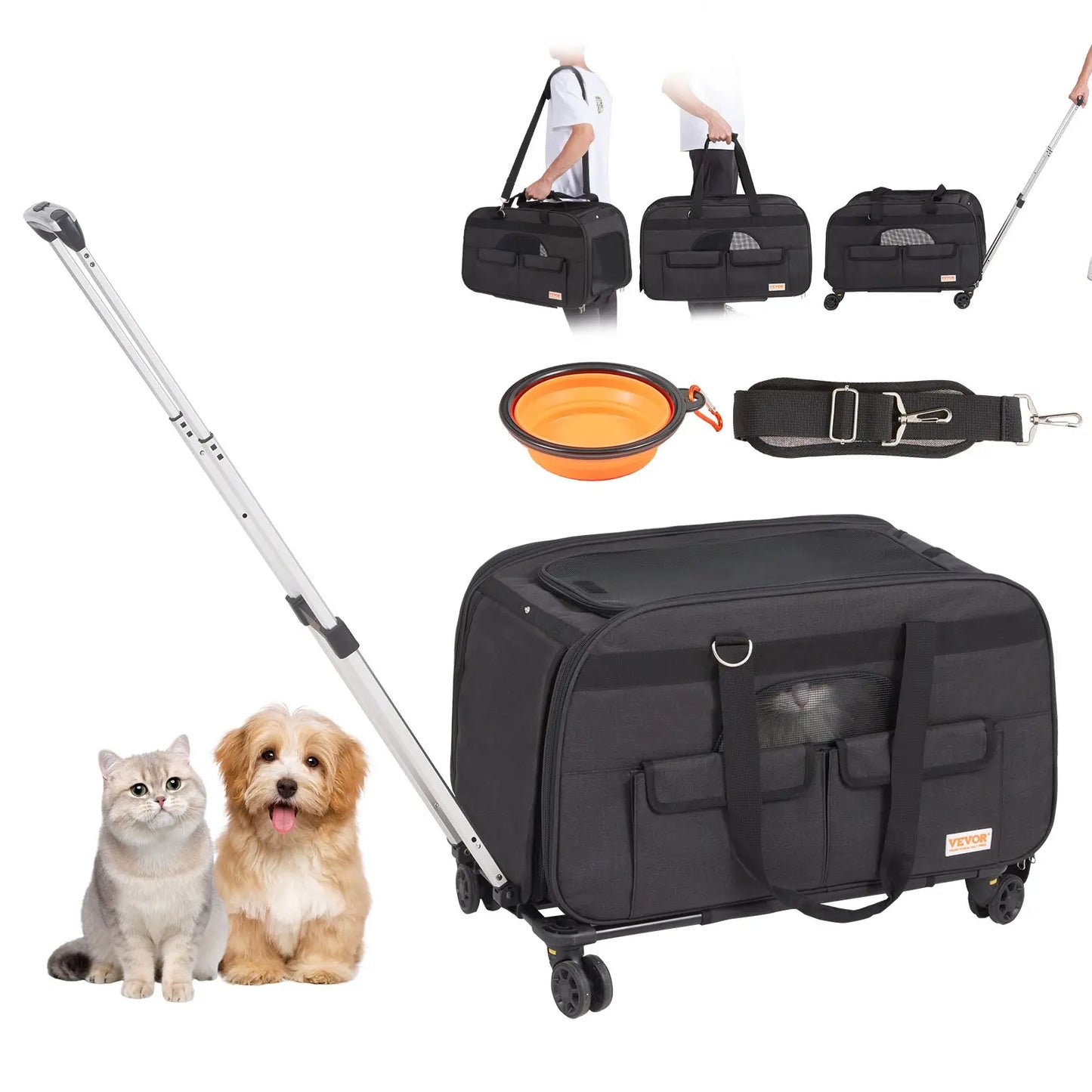 VEVOR Cat Carrier with Wheels, Tiktokshopblackfriday, Airline Approved Rolling Pet Carrier with Telescopic Handle and Shoulder Strap, Dog Carrier with Wheels for Pets, with 1 Folding Bowl