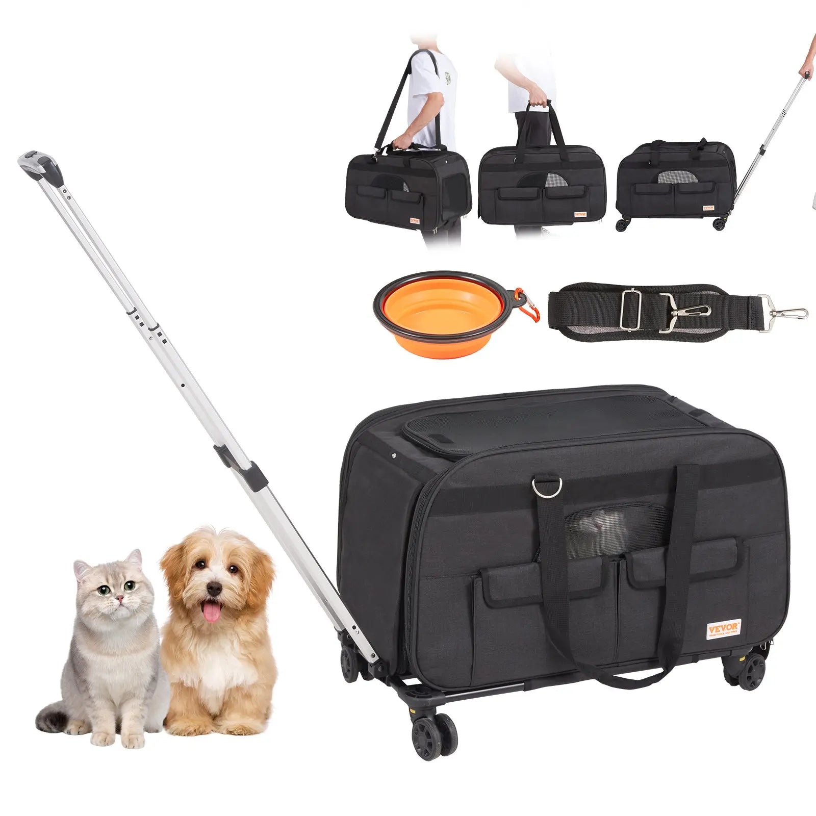 VEVOR Cat Carrier with Wheels, Tiktokshopblackfriday, Airline Approved Rolling Pet Carrier with Telescopic Handle and Shoulder Strap, Dog Carrier with Wheels for Pets, with 1 Folding Bowl