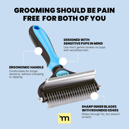 Professional Dog Grooming Brush for Shedding - Large 2-in-1 Deshedding Tool and Undercoat Rake with Dematting Comb for Medium to Large Double-Coated Breeds - Blue