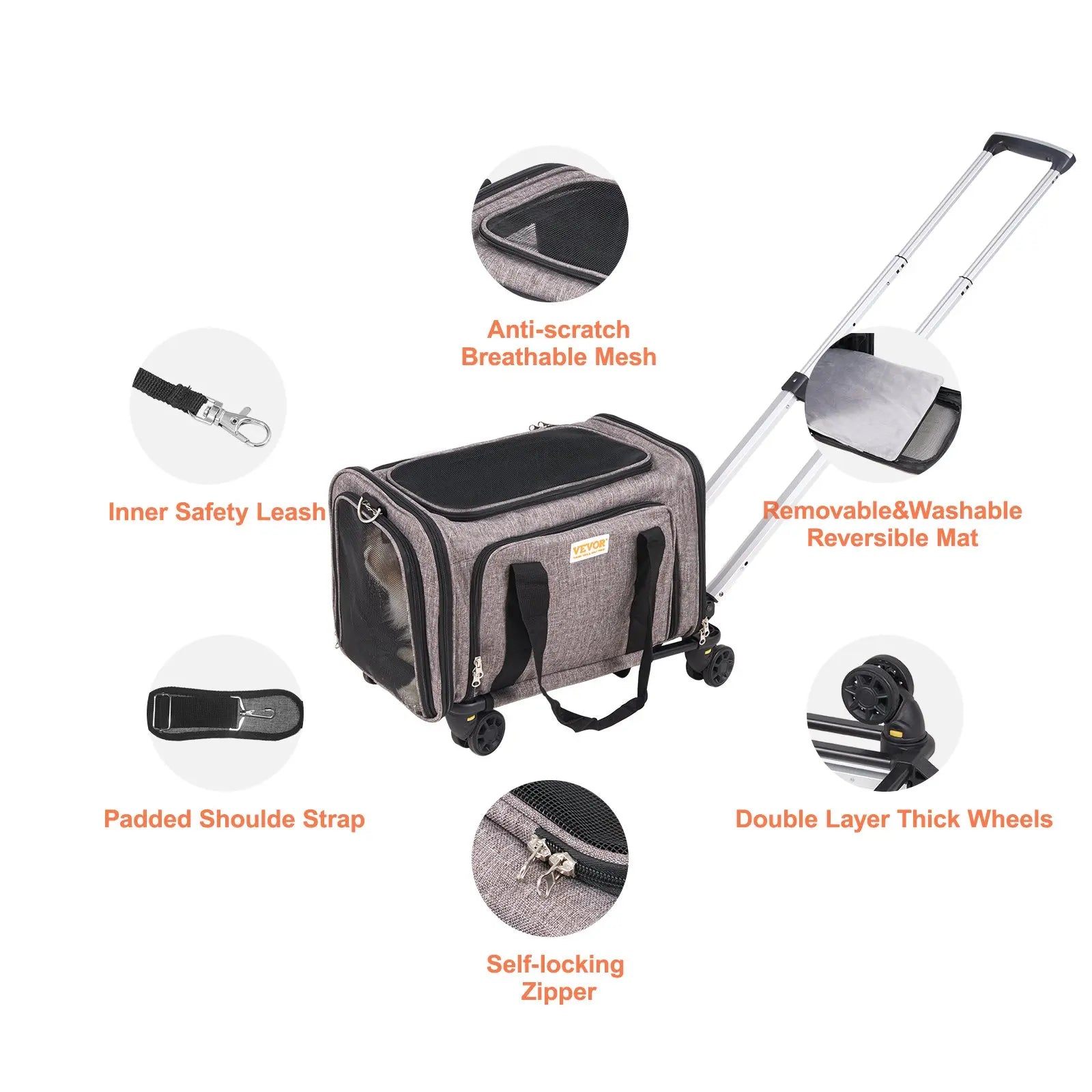 VEVOR Cat Carrier with Wheels, Tiktokshopblackfriday, Airline Approved Rolling Pet Carrier with Telescopic Handle and Shoulder Strap, Dog Carrier with Wheels for Pets, with 1 Folding Bowl