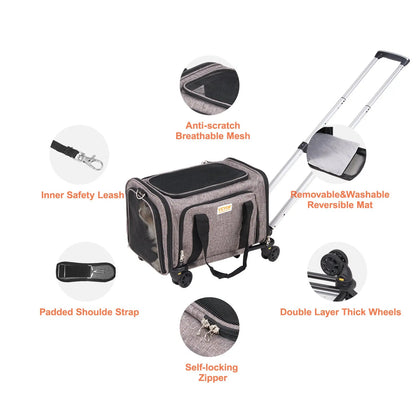 VEVOR Cat Carrier with Wheels, Tiktokshopblackfriday, Airline Approved Rolling Pet Carrier with Telescopic Handle and Shoulder Strap, Dog Carrier with Wheels for Pets, with 1 Folding Bowl