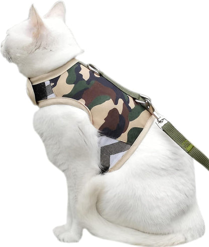 Cat Harness and Leash Set for Walking Escape Proof, Adjustable Cat Vest Harness, Padded Stylish Cat Walking Jackets, Camo Green, X-Small