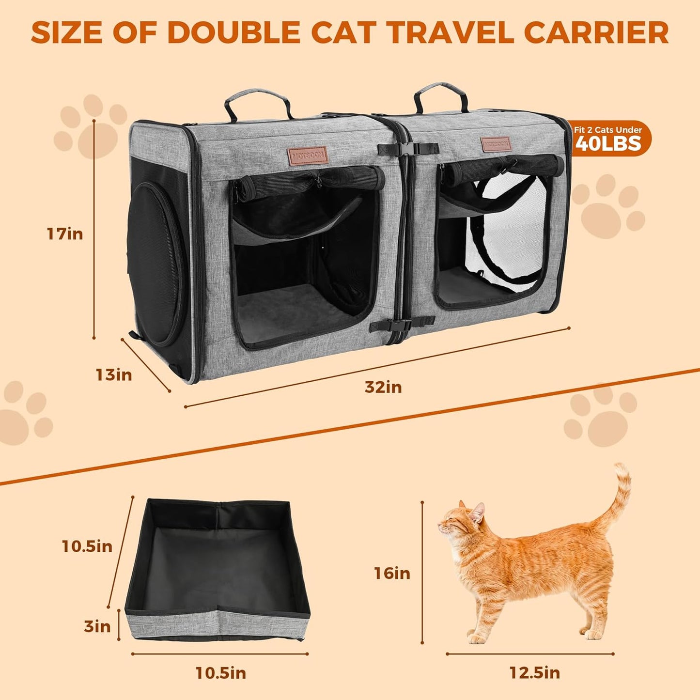 2-In-1 Double Cat Carrier with Play Tunnels - Portable, Breathable, Soft Cat Travel Carrier with Litter Box and Hammock for 2 Cats, Ideal for Long Car Trips and Vet Visit (32"X13"X17", Grey)