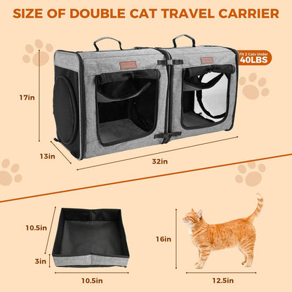 2-In-1 Double Cat Carrier with Play Tunnels - Portable, Breathable, Soft Cat Travel Carrier with Litter Box and Hammock for 2 Cats, Ideal for Long Car Trips and Vet Visit (32"X13"X17", Grey)